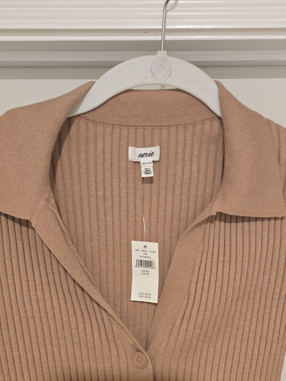 aerie Cropped Ribbed Button-Front Cardigan - Beige/Tan - Picture 3 of 4